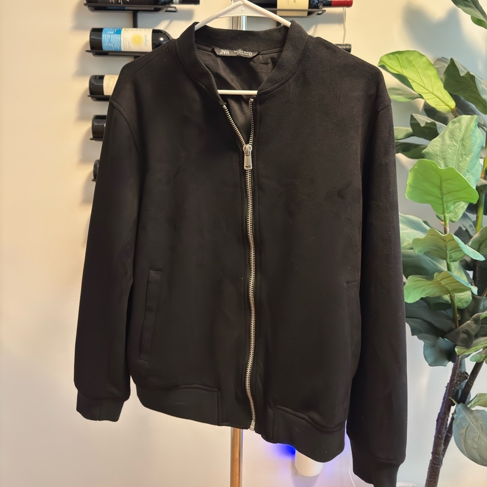 NWOT Zara Men's Faux Suede Black Bomber Jacket